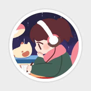 Lofi Hip-hop and chill sweater, YouTube, 24/7 Music Study Beats To Relax To, Kawaii Anime Aesthetic, red sweater grey sweater, sleeve print Magnet